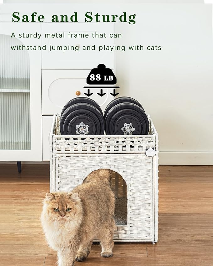 Cat Beds for Indoor Cats Extra Large Double Cat Cave Pet Cube, Handwoven Rattan Cat Houses with Double-Sided Soft Cushions, 18.5 x 20.5 x 19.1 Inches Foldable Hideaway in Living Room White-Mewly Pet