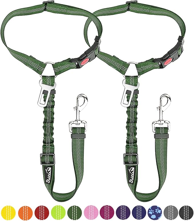 SlowTon Dog Seat Belt for Car, 2 Pack Dog Car Harness Seatbelt Adjustable with Elastic Bungee Buffer, 2 in 1 Pet Car Leash Headrest Restraint Dog Reflective Safety Tether (Green, Headrest+Clip)-Mewly Pet