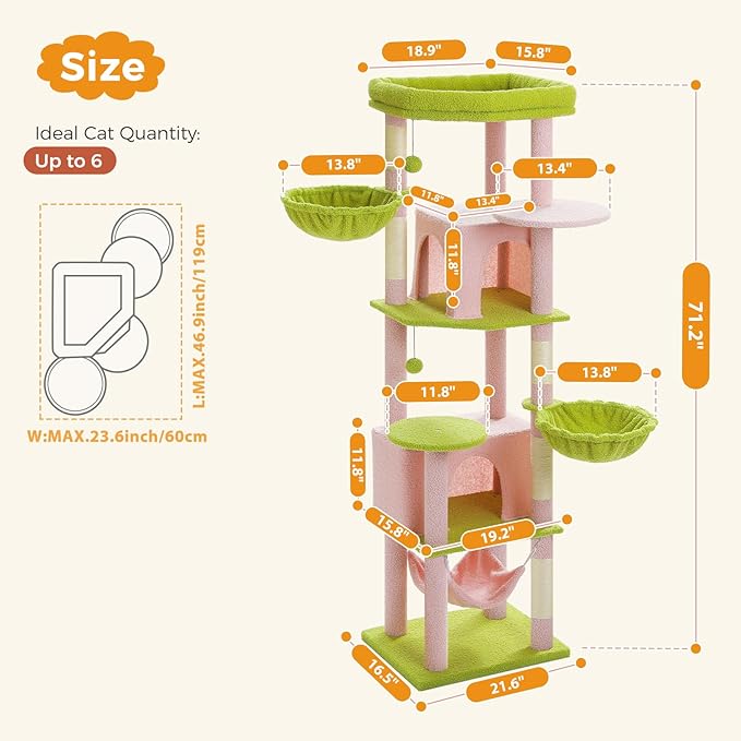 71.2" Large Cat Tree for Multi-Cat Households - Heavy-Duty 9-Level Cat Tower w/5 Sisal Scratching Posts, 2 Condos, 3 Hammocks, Extra-Large Perch & Pompoms - Space-Saving, Pink-Mewly Pet