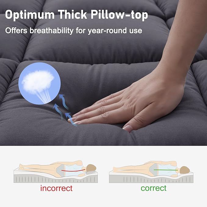 Queen Mattress Topper Size Extra Thick Pillowtop for Pressure Relief Cooling Mattress Topper Plush Mattress Pad Cover Protector with 8-21 Inch Deep Pocket 3D Snow Down Alternative Fill Grey