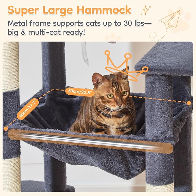 Taoqimiao Heavy Duty Cat Tree for Large Cats 20lbs+, 71 Inches Tall Cat Tower, 2 Cat Condo with 6 Scratching Posts, Super Large Hammcock, Cat Toys, Cozy Basket, Smoky Gray, MS037G-Mewly Pet