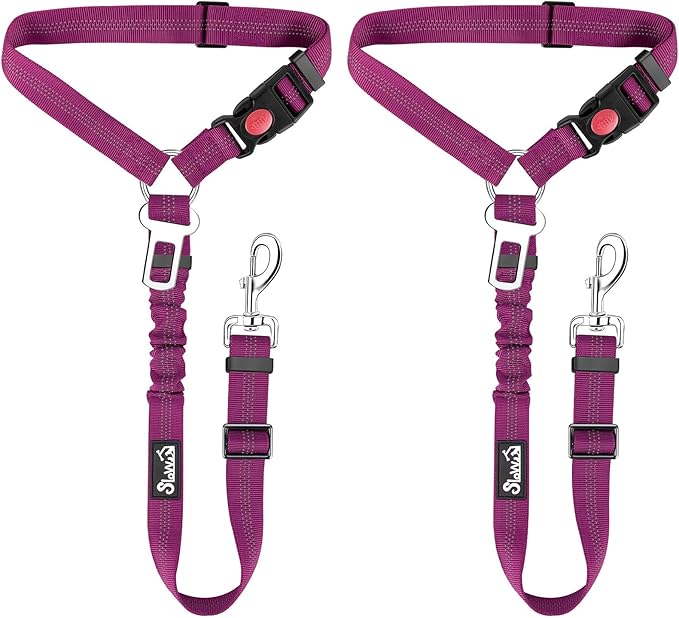 SlowTon Dog Seat Belt, 2 Pack Harness Seatbelt Adjustable With Elastic Bungee Buffer, 2 in 1 Pet Car Leash Headrest Restraint Reflective Safety Tether (Fushia, Dual Restraint)-Mewly Pet
