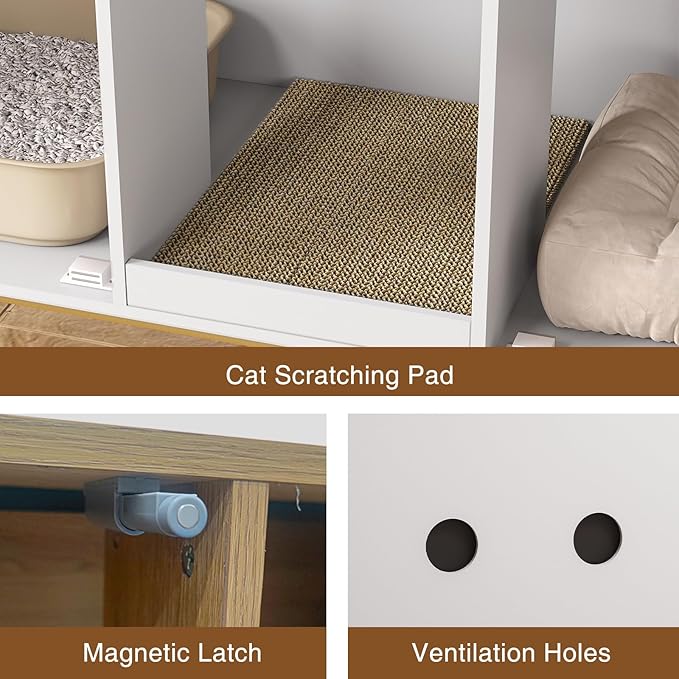 Litter Box Enclosure for 2 Cats, Fluted Hidden Cat Litter Box Furniture with Scratch Pad and Metal Legs, Modern Double Room Kitty House for Living Room, Washroom, 47.2”L x 17.7”W x 25.9”H, White-Mewly Pet