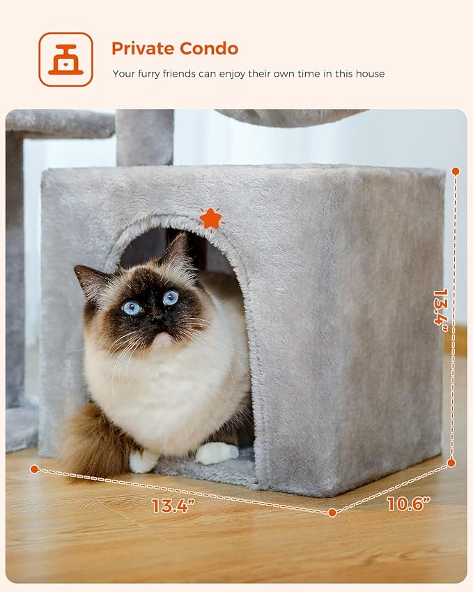 PEQULTI Small Cat Tree, [28.5''] Cat Tower for Indoor Cats, 2 Styles Activity Tree with Cat Scratching Posts, Big Hammock and Removable Top Perch Grey-Mewly Pet