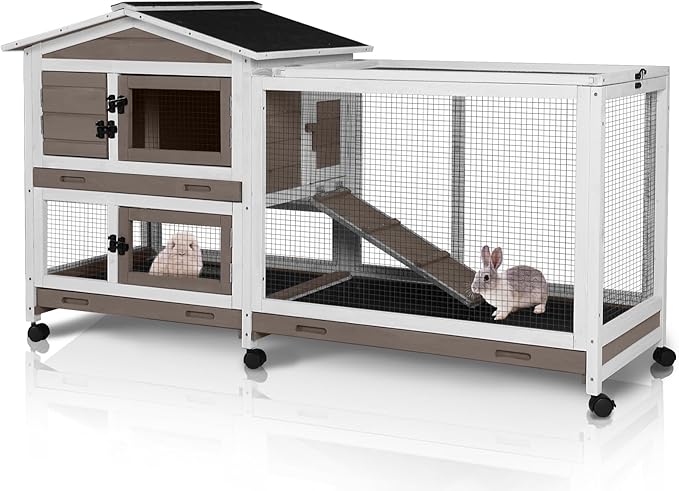 62" Rabbit Hutch with Chew-Proof Ramp & Waterproof Roof - Indoor/Outdoor Bunny Cage, 2-Story Design, 6 Lockable Caster Wheels & Dual Pull-Out Trays (Brown)-Mewly Pet