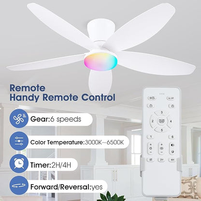 Flush Mount RGB Ceiling Fans with Lights-48 Low Profile Ceiling Fan with Light and Remote/APP Control,DC Reversible,LED Dimmable Ceiling Fans for Bedroom,Indoor/Outdoor Patio Use(White)