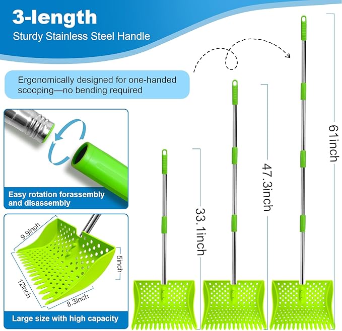 12-Inch 2-in-1 Chicken Poop Scooper & Rake – US Patent Pending – 3-Shape Sifting Holes Chicken Coop Rake，Stainless Steel Handle （20–61"）– Litter Scoop Sand & Sifting Shovel for Chicken Coops(Green)-Mewly Pet