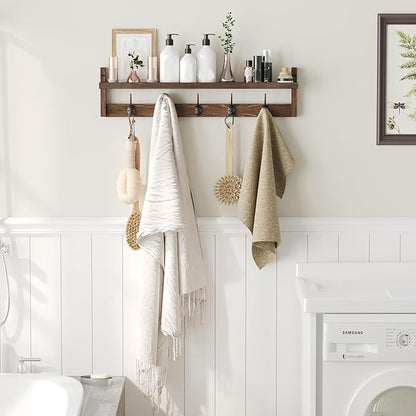 AMBIRD 28.9 Inch Length Shelf with Hooks Entryway Coat Rack Wall Mount Wood Coat Hooks with Shelf Wall-Mounted Coat Hook Rack with 5 Dual Hooks for Bathroom, Living Room, Bedroom (Brown)