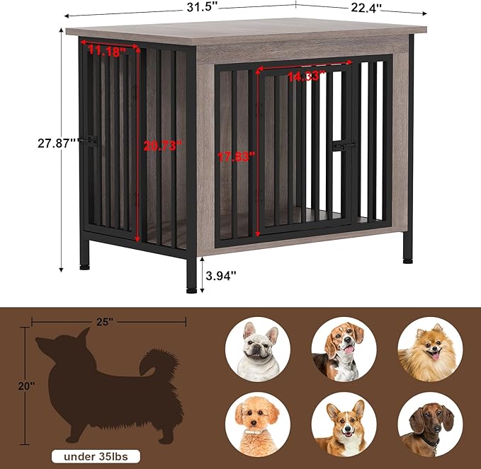 EasyCom 31.5" Small Dog Crate Furniture, Chew-Resistant Dog Crates for Small and Medium Dogs, Dog Kennel Furniture Indoor with 2 Doors and 3.94" Raised Feet, as TV Stand, End Table, Crate Table-Mewly Pet