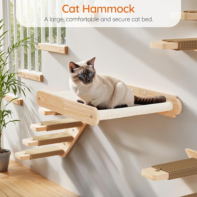 HOOBRO Wood Cat Wall Shelf, Cat Hammock and Wall-Mounted Bed Furniture with Soft Fabric, 18.9" L x 13.8" W, Easy to Install, Holds up to 40 lb, for Lounging, Playing, Sleeping, Natural NL03CS03N1-Mewly Pet