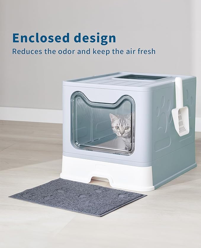 Cat Litter Box with Litter Mat and Scoop, Large Foldable Litter Box with Lid, Front Entry Top Exit Kitty Box, Odor Control, Easy to Clean (Blue)-Mewly Pet