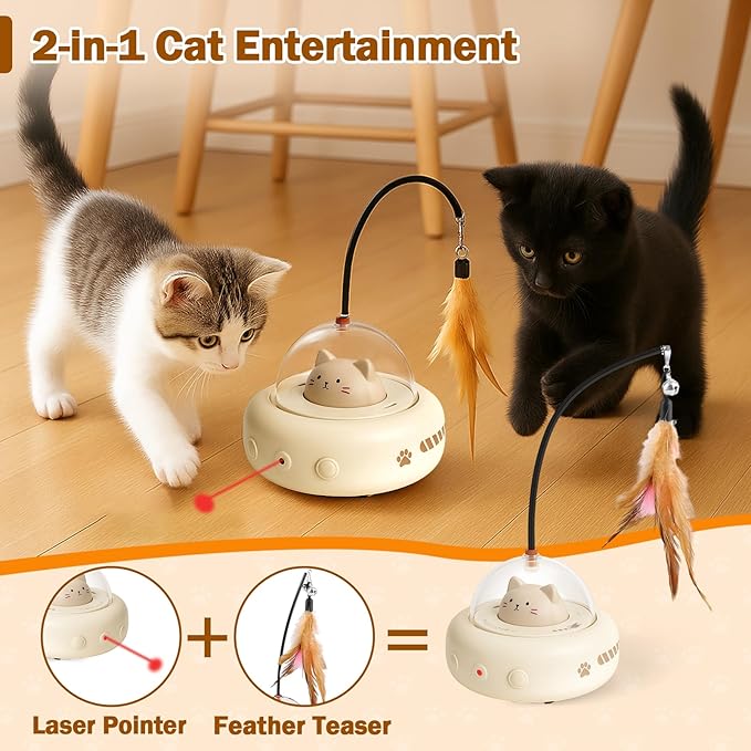 AIERSA Interactive Cat Toys for Indoor Cats, Automatic Enrichment Toy with LED Light and Feather for Cats and Kittens, Moving Self Play Stimulation Toy for Cat Lover Gifts-Mewly Pet