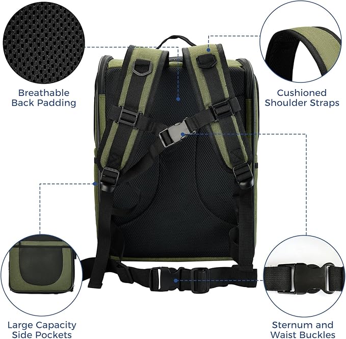 Apollo Walker Dog & Cat Carrier Backpack for 4-15lb Pets - Ventilated Safe Design with Padded Back Support, Breathable Mesh Pet Backpack for Hiking, Travel, Outdoor (Green)-Mewly Pet