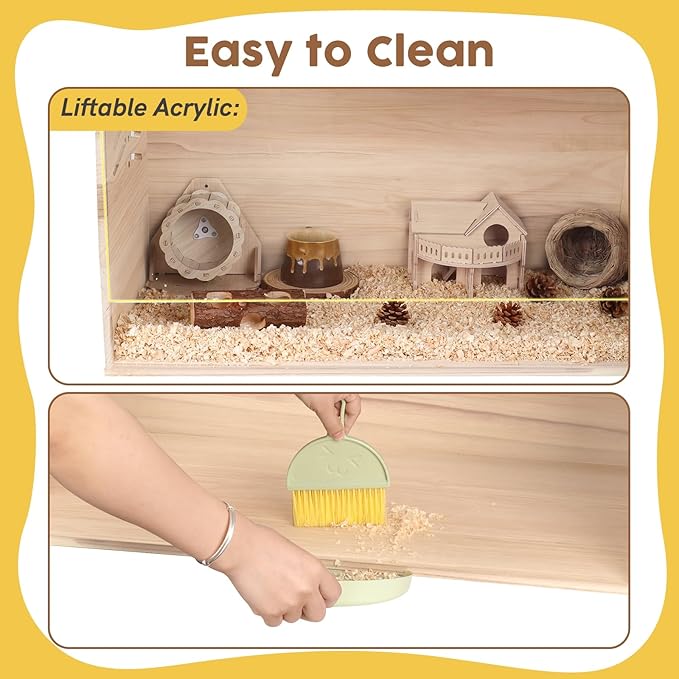 Snowtaros Wooden Hamster Cage, Large Hamster Cages and Habitats Chewproof, with 2 Openable Acrylic Top, Small Animal Cage for Mouse Gerbil Quail Dwarf Syrian Hamsters (31.5" L*15.7" W*15.7" H)-Mewly Pet