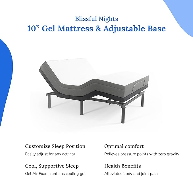 Blissful Nights e3 Full Adjustable Bed Base Frame with 10" Medium Firm Gel Infused Memory Foam Mattress