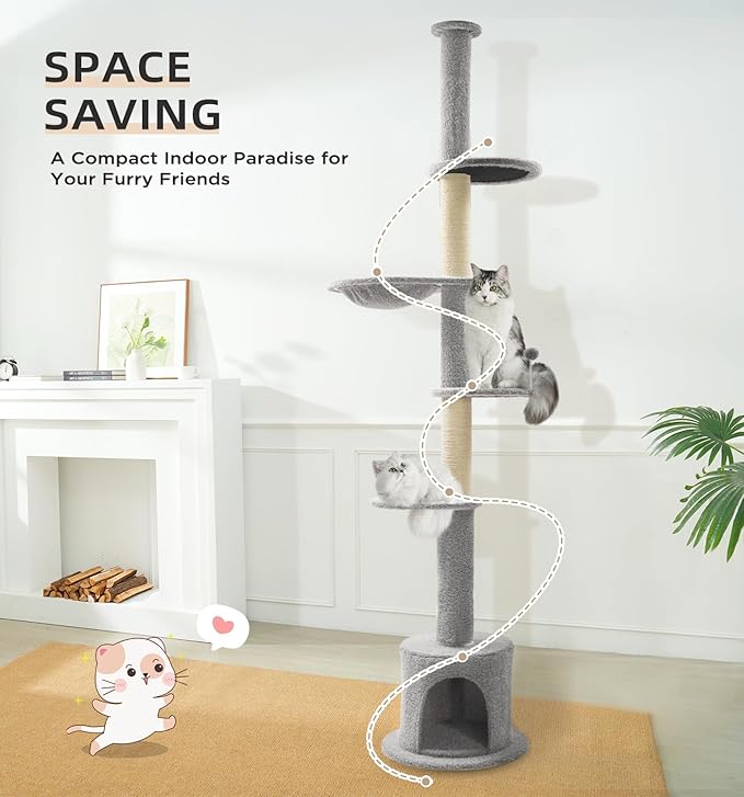 Made4Pets Floor to Ceiling Cat Tree 93-106'',Tall Cat Tower 5 Tiers,Adjustable Height, Stable Cat Tree Tower with Scratching Posts, Fluffy Condo, Hammock and Ball Toy for Indoor Cats/Kitten, Gray