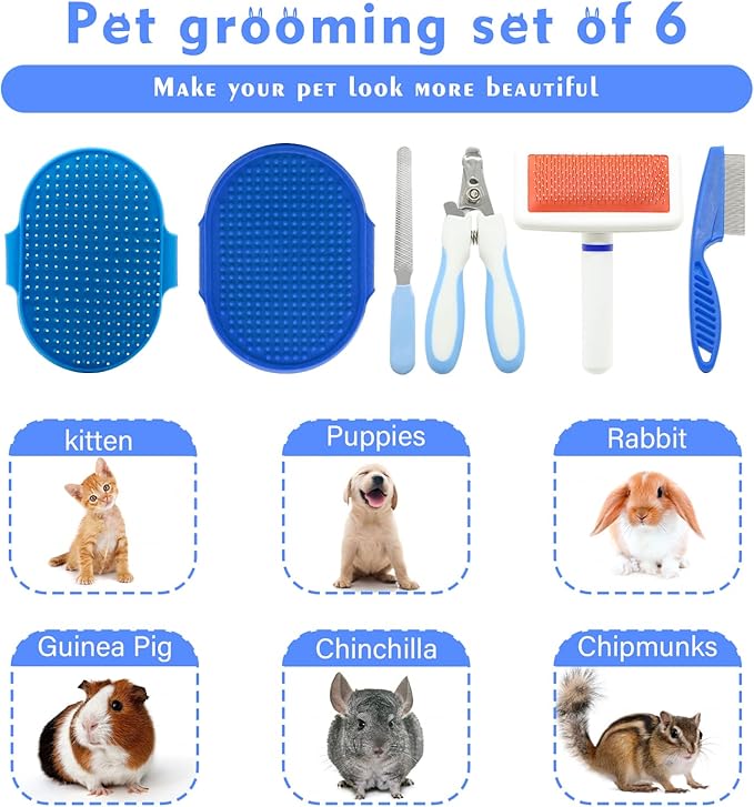 Pet Grooming Kit with Slicker Brush Bath Massage Glove Brush Pet Shedding Comb Nail Clipper Trimmer 6 Piece Set for Rabbit Kitten Guinea Pig Cat Chinchilla Ferret Small Animals-Mewly Pet