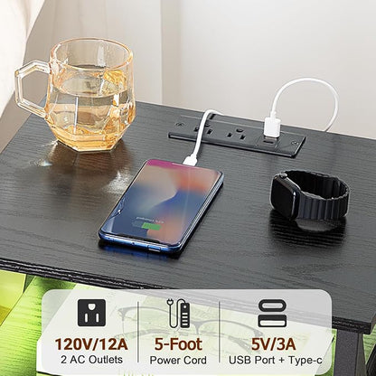 AMHANCIBLE LED Nightstand with Charging Station, Smart End Side Table with USB Port & Power Outlet, Bedside Table with Fabric Drawers for Bedroom, Living Room, Black, HET053LBK1