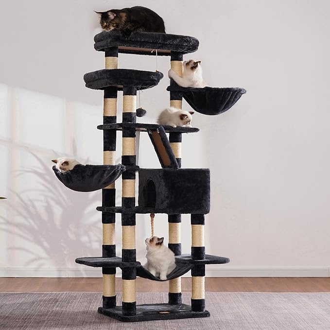 Heybly Cat Tree, 68 inch Multi-Level Cat Tower for Indoor Cats, 2 Widened Plush Perches Cat Condo with Scratching Board and Big Caves, Smoky Gray HCT025G-Mewly Pet