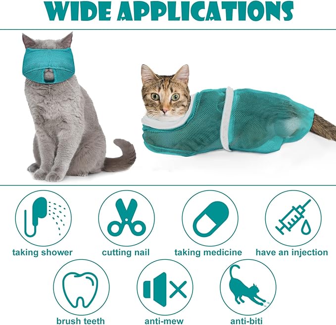 Patelai 5 Pcs Cat Bathing Bag Set Cat Grooming Bag Adjustable Pet Shower Net Muzzles Nail Clipper Tick Remover Tool Massage Brush(Green White)-Mewly Pet