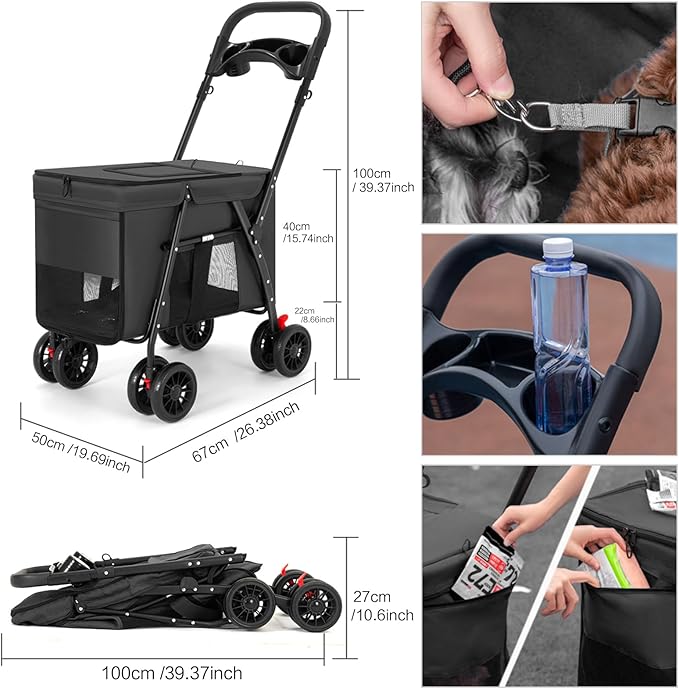 Pet Stroller Cat Dog Stroller Travel Folding Pet Carriers（Black）-Mewly Pet