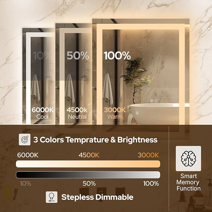 40 x 32 LED Vanity Mirror for Bathroom, Frontlit & Backlit LED Mirror for Bathroom with 3 Colour Lights, Wall Vanity Mirror with Anti-Fog, Shatterproof & Memory Function, Perfect for Modern Bathrooms