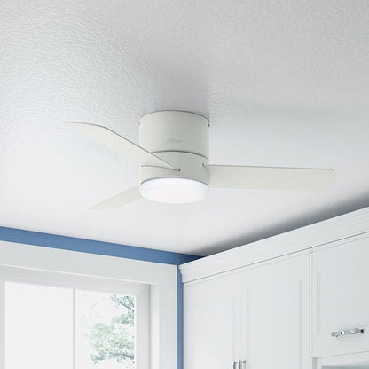 Hunter 44 inch Indoor Ceiling Fan with Light and Remote Control - For Bedroom or Living Room, Low Profile Mount, White Modern Ceiling Fan with LED Light, Quiet, 3 Blades - Minimus 59452, Fresh White