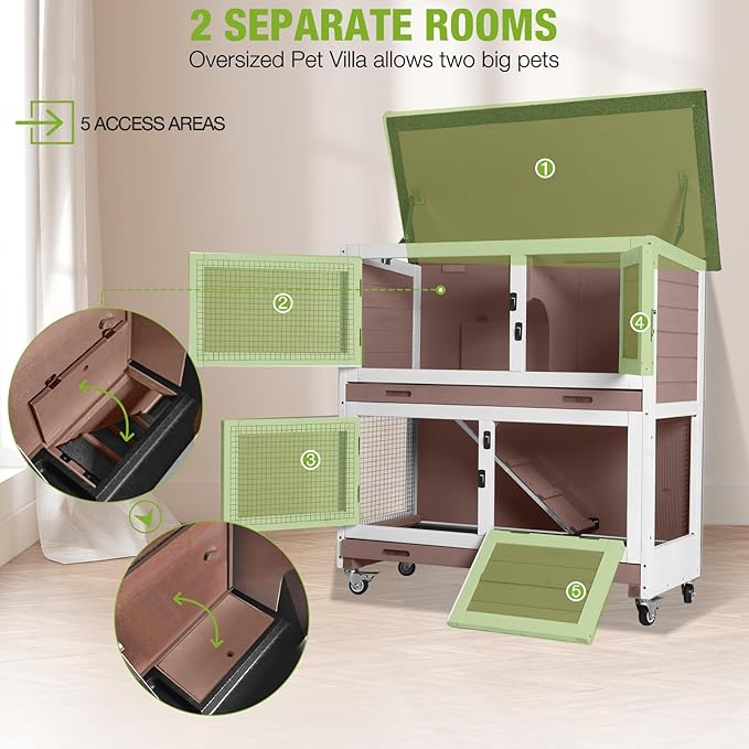 2-Story Rabbit Hutch Indoor Bunny Cage Wooden Guinea Pig House with Chew-Proof Ramp, Leakproof Slide-Out Trays, Lockable Caster Wheels for 1-3 Rabbits (Brown)-Mewly Pet