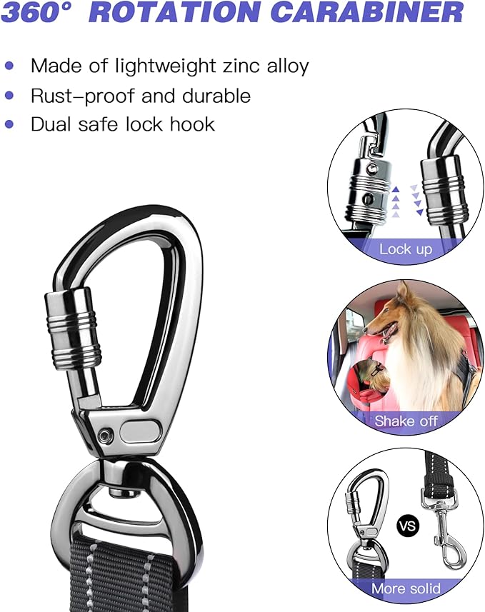 AUBELL Dog Seat Belt for Car,Updated 3-in-1 Adjustable Reflective Bungee Heavy Duty Dog Car Harness Tether with Clip Hook Latch & Buckle,Swivel Zinc Alloy Carabiner,Black-Mewly Pet