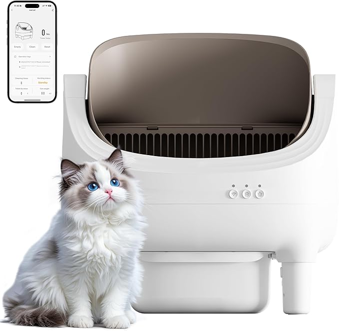 Greesum Automatic Self-Cleaning Litter Box for Cats - Open-Top Design, Easy Odor Control, Smart APP Control, 15L Large Waste Bin, Includes Trash Bags & Mat (Brown)-Mewly Pet