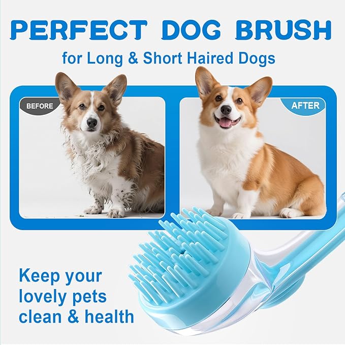 Dog Bath Brush, Silicone Pet Bath Brush with Soap Dispenser,Deep Cleansing & Gentle Massage for Dogs & Cats, Suitable for Long & Short Hair, Easy Grip, Bathing & Grooming(Blue)-Mewly Pet
