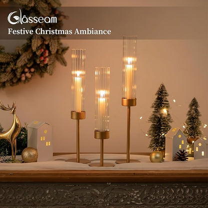 Gold Hurricane Taper Candle Holders: Glasseam 3Pcs Brass Candlestick Holders with Ribbed Glass Cylinder Cover Fluted Tall Candle Sticks Holder Decor for Table Centerpiece Wedding Christmas Decorations