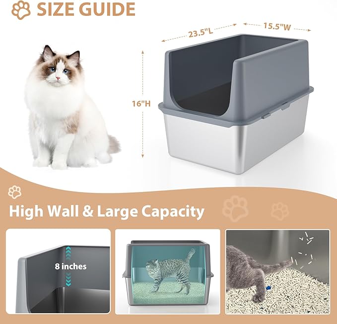Large Stainless Steel Litter Box with Lid, High Sides, 16" Metal Cat Litter Box, Extra Large Litter Boxes for Big Cats, Tall Cat Litter Pan, Grey, Easy Clean-Mewly Pet