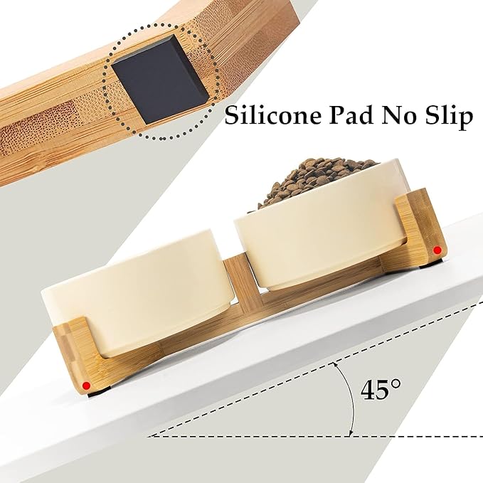 SPUNKYJUNKY Ceramic Dog and Cat Bowl Set with Wooden Stand, Modern Cute Weighted Food Water Set for Small Size Dogs (13.5OZ) & Medium Sized Dogs (28.7OZ) & Cats (3.6 Cups, 2 × Beige)-Mewly Pet