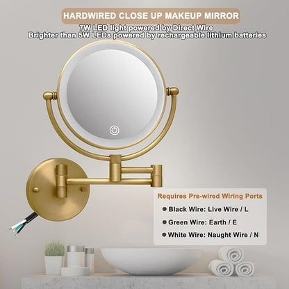 Make up Mirror Wall Mounted Lighted 10X Magnifying Hard Wired, Double Sides 3 Color Lighting Touch Dimming, 360 Swivel Extended Arm Shaving Light up Mirror for Bathroom, Antique Brass