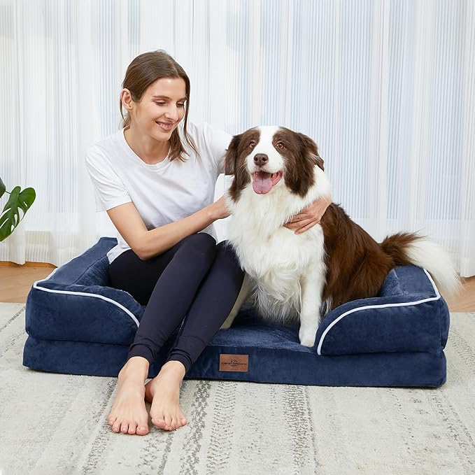 Comfort Expression Large Dog Beds Waterproof Orthopedic Foam Dog Sofa Beds Comfy Pet Bed with Washable Removable Cover & Non-Slip Bottom(Large,Navy Blue)-Mewly Pet
