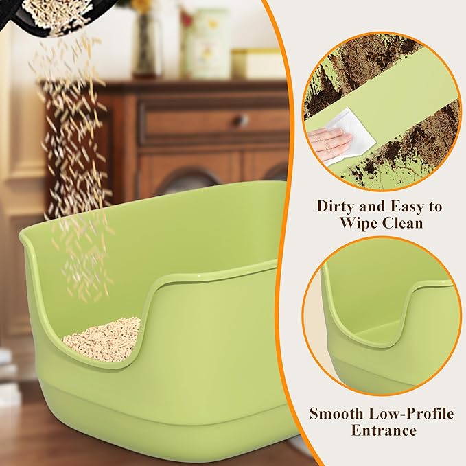 Gefryco Large Cat Litter Box with High Sided 24.6"x18.3"x12.2" - Jumbo Extra Large Open Anti - Splashing High Wall for Multiple Cats (Green)-Mewly Pet