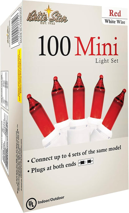 Brite Star 100 Count Mini String Christmas Lights, Red - 22 feet Indoor/Outdoor Christmas Tree Lights with White Wire
