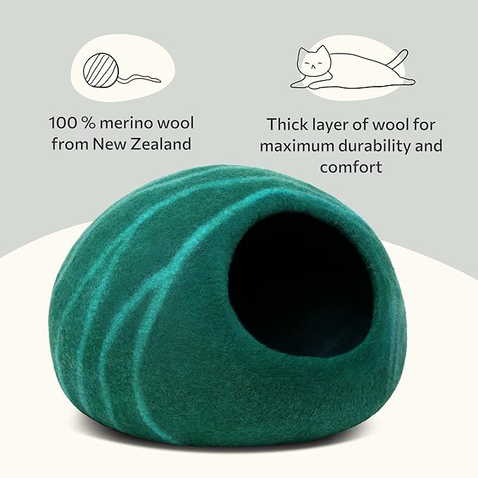 MEOWFIA Cat Cave – Premium Felt Cat Bed for Indoor Cats, Handmade 100% Merino Wool (Large, Emerald)-Mewly Pet