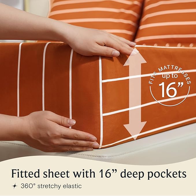 LuxClub 4 PC Sheet Set Bed Sheets Deep Pockets 16" Wrinkle Free Cooling Machine Washable Hotel Bedding Silky Soft - Striped-Autumn Orange Queen
