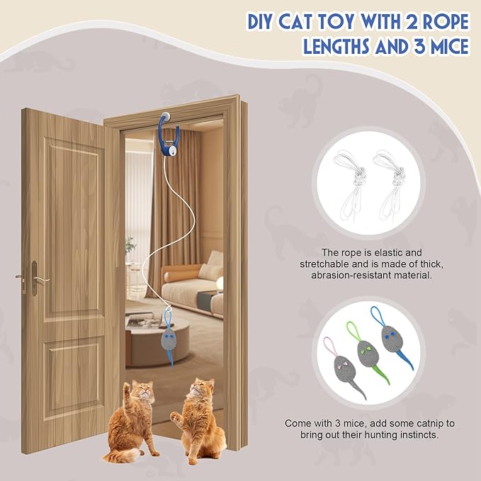 Cat Toy Interactive for Indoor Cats, Smart USB Rechargeable Door Hanging Automatic Retractable Kitten Toys, Teaser Electronic Self Play Feather Cat String Toys Attached with 3 Catnip Mice Blue-Mewly Pet