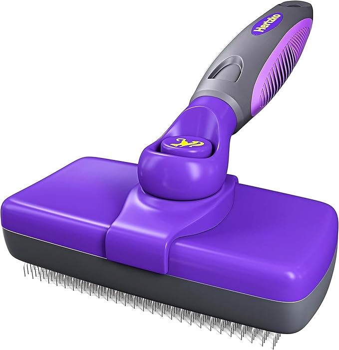 Hertzko Self Cleaning Slicker Brush for Dogs and Cats - Pet Hair Brush for Shedding Long and Short Hair - Easy Clean Retractable Bristles - Cat and Dog Grooming Tool - Purple-Mewly Pet