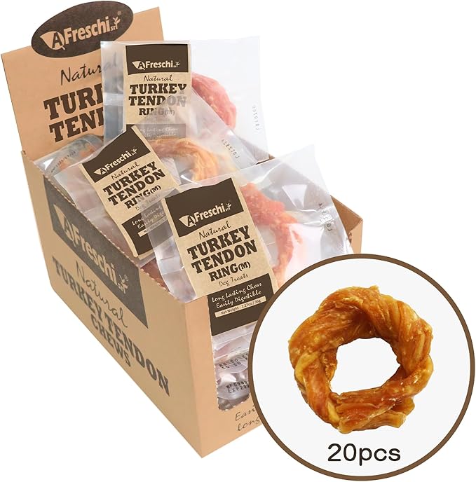 Afreschi Turkey Tendon for Dogs, Dog Treats for Signature Series, All Natural Human Grade Puppy Chew, USA-Sourced Turkey Tendon, Hypoallergenic, Rawhide Alternative, 20 Units/Box Ring (Medium)-Mewly Pet