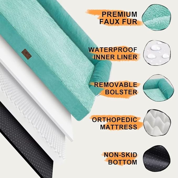 Orthopedic Large Dog Bed Washable, Orthopedic Dogs Bed with Removable Cover, XLarge XL Pet with Bolster, Washable Aqua Blue Large Dog Beds with Egg Foam for Medium Gaint Dogs-Mewly Pet