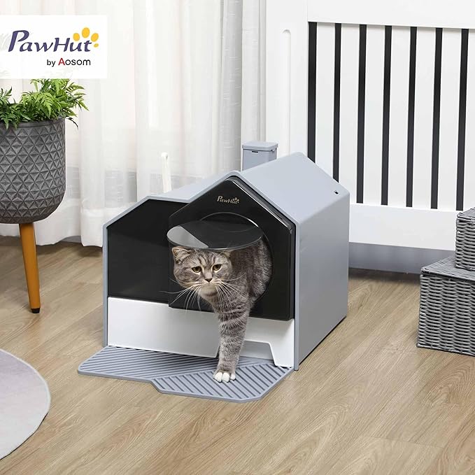 PawHut Hooded Cat Litter Box with Kitty Litter Mat, Kitty Litter Pan with Odor Control, Easy-Clean Pull-Out Drawer, Handle, Scoop, Gray-Mewly Pet