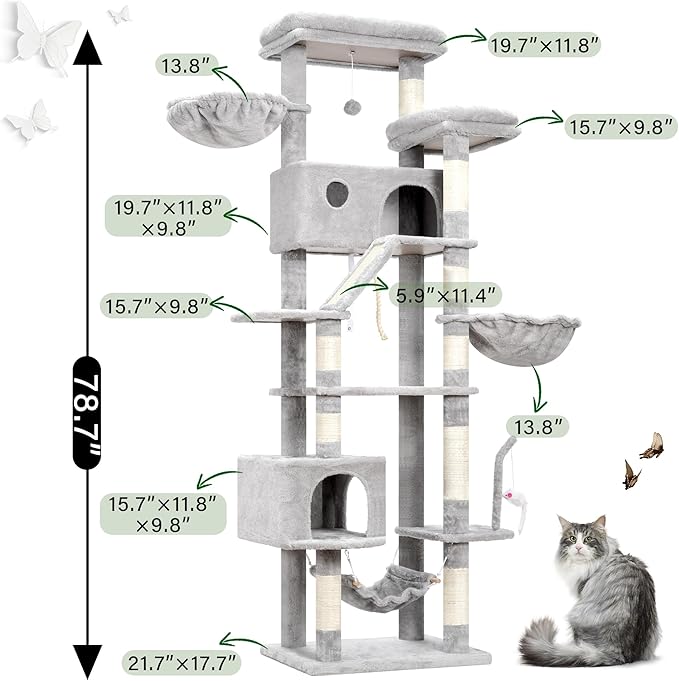 Cat Tree for Large Cats, 78.7"(200cm) Tall Cat Tower for Indoor Cats Multiple Cats with Large Top Perch, Cat Condo, Cat Hammcok, Cat Scratching Post, Light Gray GCT031W-Mewly Pet