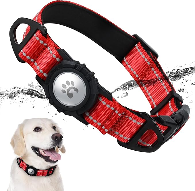 TagME Airtag Dog Collar,Waterproof Reflective Pet Collar with Airtag Holder,Soft Padded and Double D-Rings for Extra Large Dogs,Red-Mewly Pet