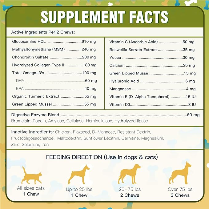 Glucosamine for Dogs, Hip and Joint Supplement for Dogs with Chicken Flavor, Anti Inflammatory, Dog's Chondroitin, Digestive Enzymes, Omega-3, Vitamin D, MSM, Calcium, Turmeric, 120 Freeze-Dried Chews-Mewly Pet