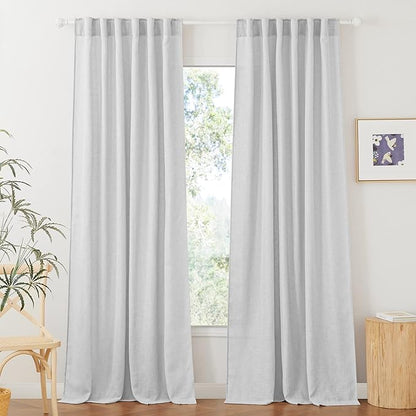 RYB HOME Linen Sheer Curtains - Farmhouse Privacy Semi Sheer Window Curtains for Living Room Bedroom Bathroom, Dove Gray, Wide 52 x Long 90, 1 Pair