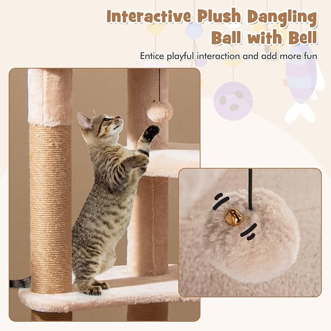 PETSITE 65 inch Cattail Cat Tree Tower, Multi-Level Cat Tower with Natural Jute Scratching Posts, Cat Bed, Top Perch, Dangling Balls and Jumping Platforms, Modern Tall Cat Tree for Indoor Cats-Mewly Pet